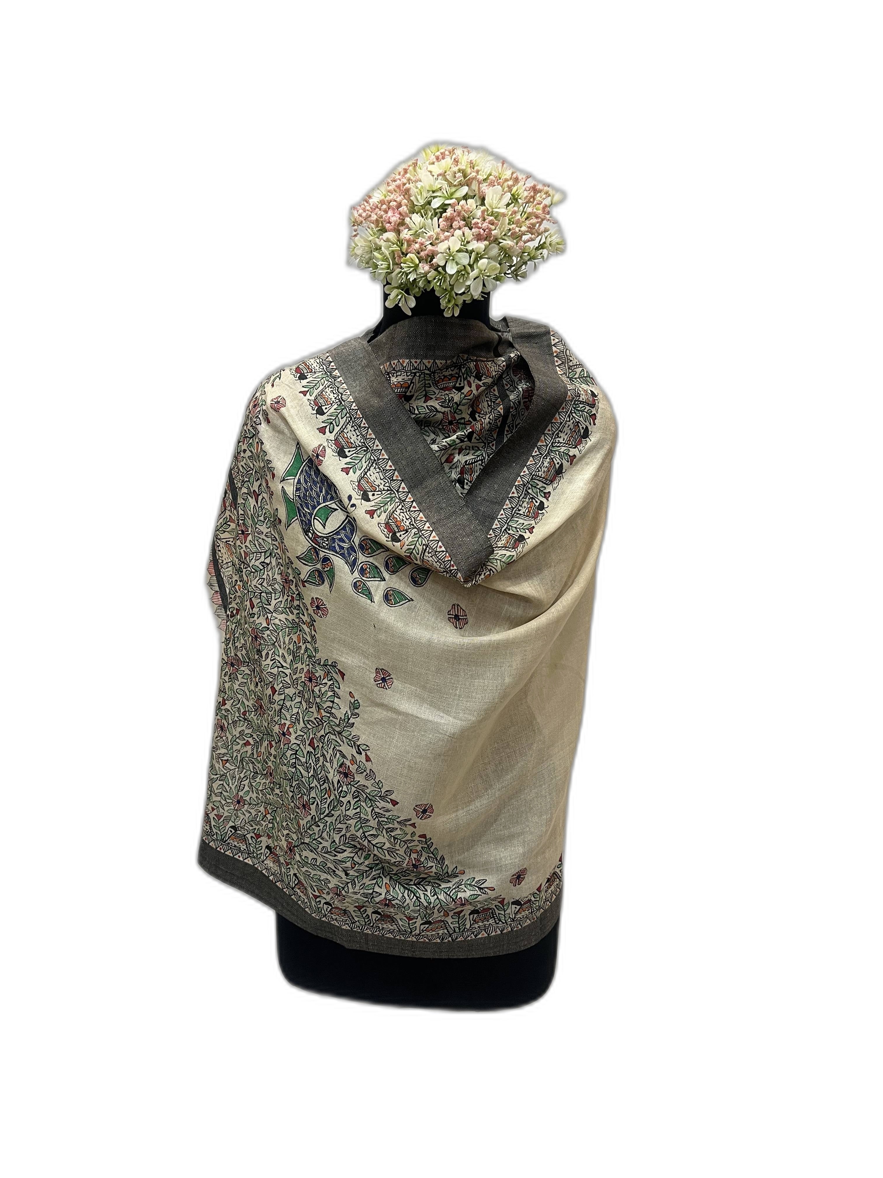 Madhubani Tussar Munga Silk Stole in Natural Tussar with Black Weaved Border